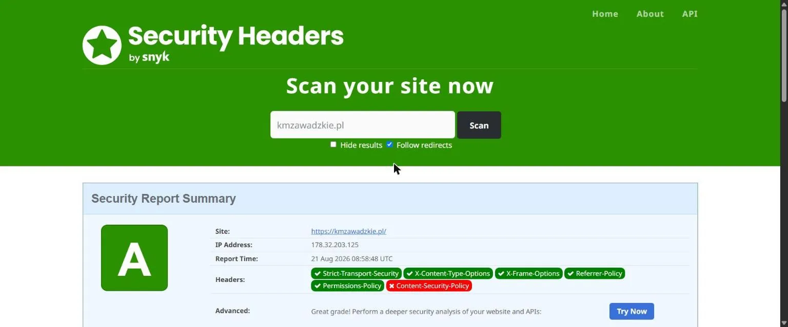 securityheaders.com report for https://kmzawadzkie.pl/ dated 21 August 2026, graded A, with five headers listed as present and Content-Security-Policy marked missing.